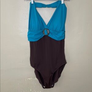 SILHOUETTE SOLUTIONS Y2K Halter One Piece Swimsuit Turquoise & Brown 14